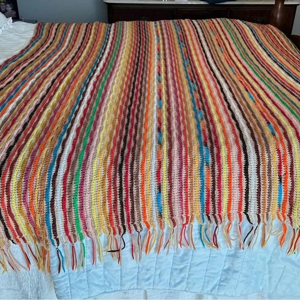 VTG Crochet Granny Throw Lap Blanket Multicolor Reversible Design 77 X 67